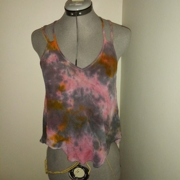 Tie Dye Blouse, Tie Dye Cross Back Blouse, Pink Gray Yellow Tie Dye Tank - Picture 12 of 12